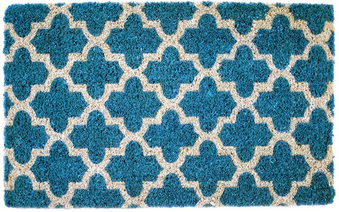 A teal doormat with a crosscross white Moroccon style print.