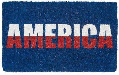 Coir doormat with blue background and America written in white and red