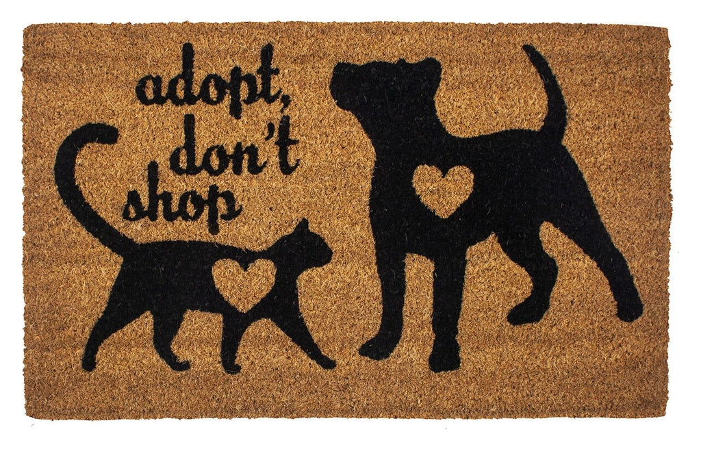 A coir doormat with black dog and cat sihouettes with "Adopt Don't Shop" text.