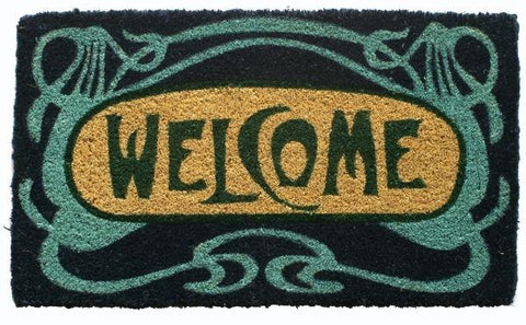 Doormat with a black background, retroglamblue print and Welcome print at the center.