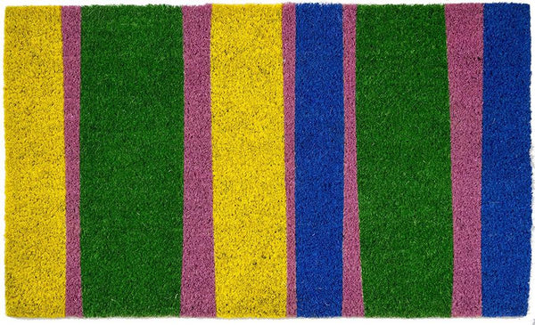 Coir doormat with yellow, blue, pink and green stripes.