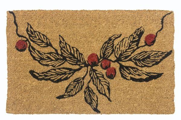 Christmas theme coir doormat with a branch of berries line illustration.