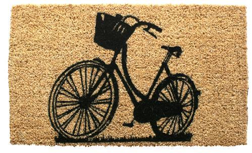 Coir doormat with black line illustration of bicycle.