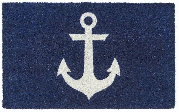 Blue coir doormat with a white anchor print
