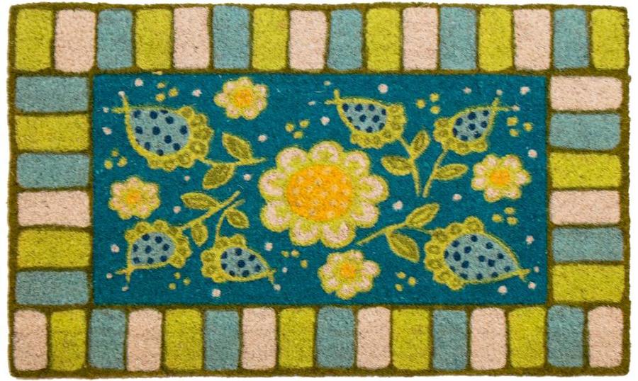 Coir doormat with blue, yellow, white striped edge and floral print at center