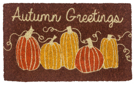 Coir doormat with illustrated pumpkins and Autumn Greetings text.